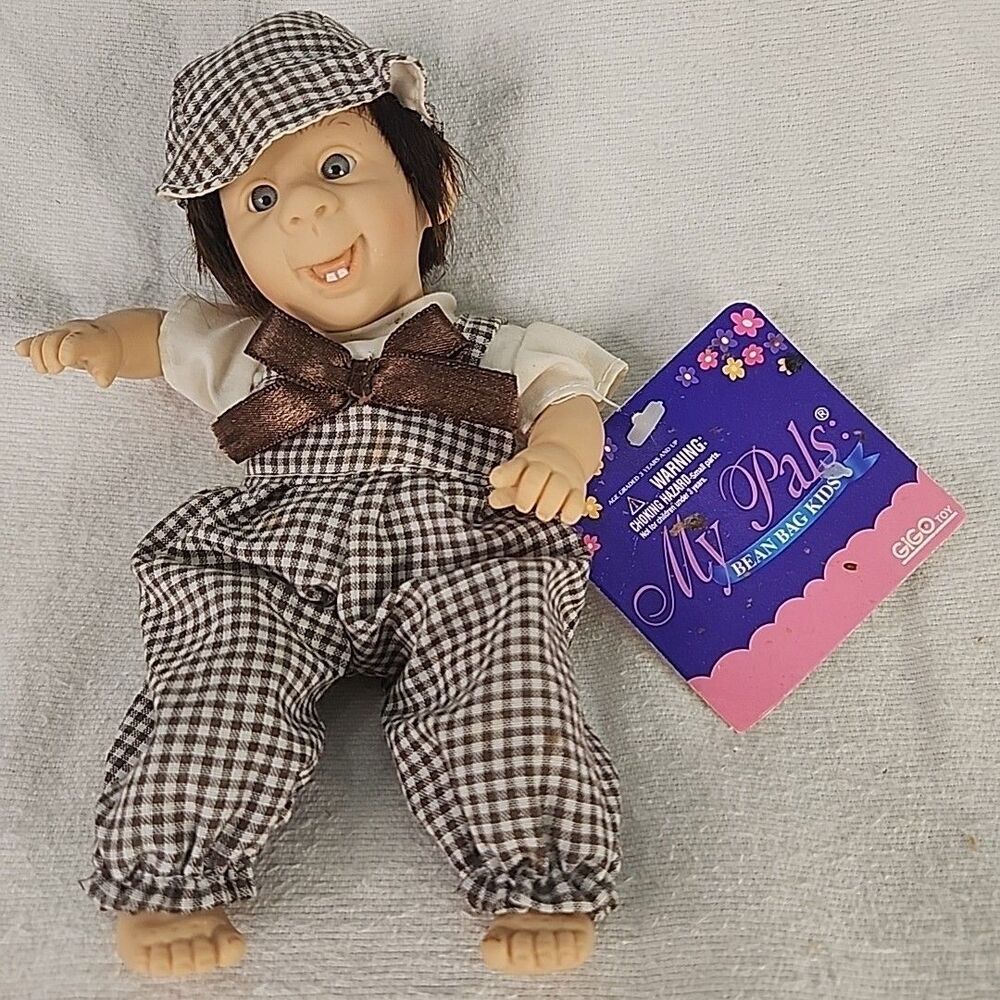 Doll Gi-Go Toys My Pals Bean Bag Kids Vinyl Baby 8” Brown White Outfit Vintage